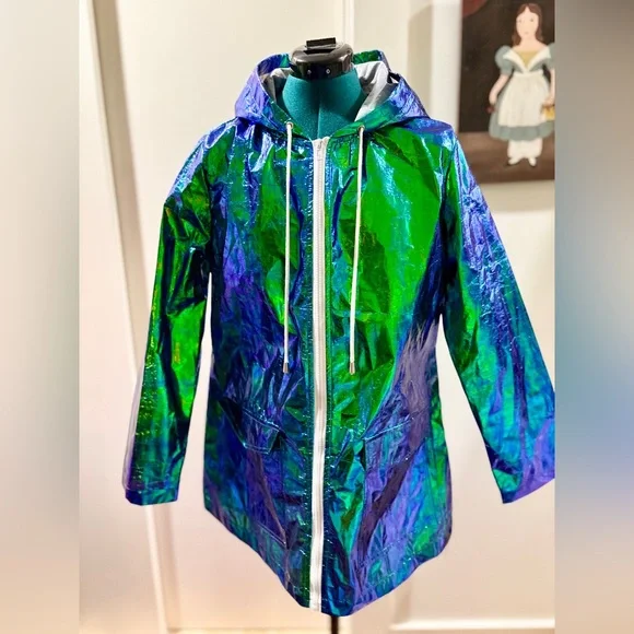 NWOT PrettyLittleThing Iridescent Blue and Green Raincoat - Picture 2 of 4